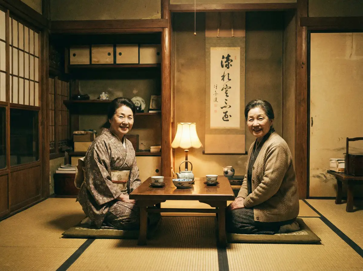 两位优雅的 大洋马 在日式茶室中品茶交谈